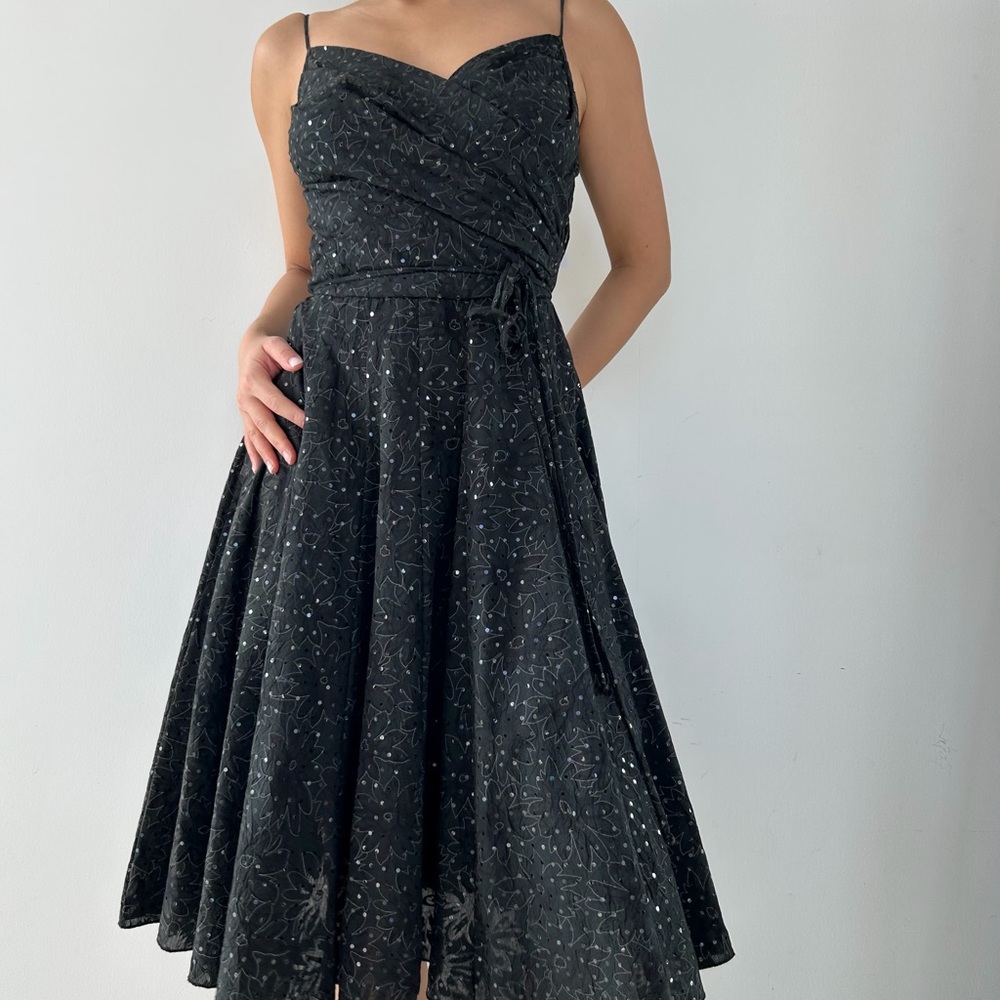 Black Sequin Wrap Fit and Flare Dress - X-Small